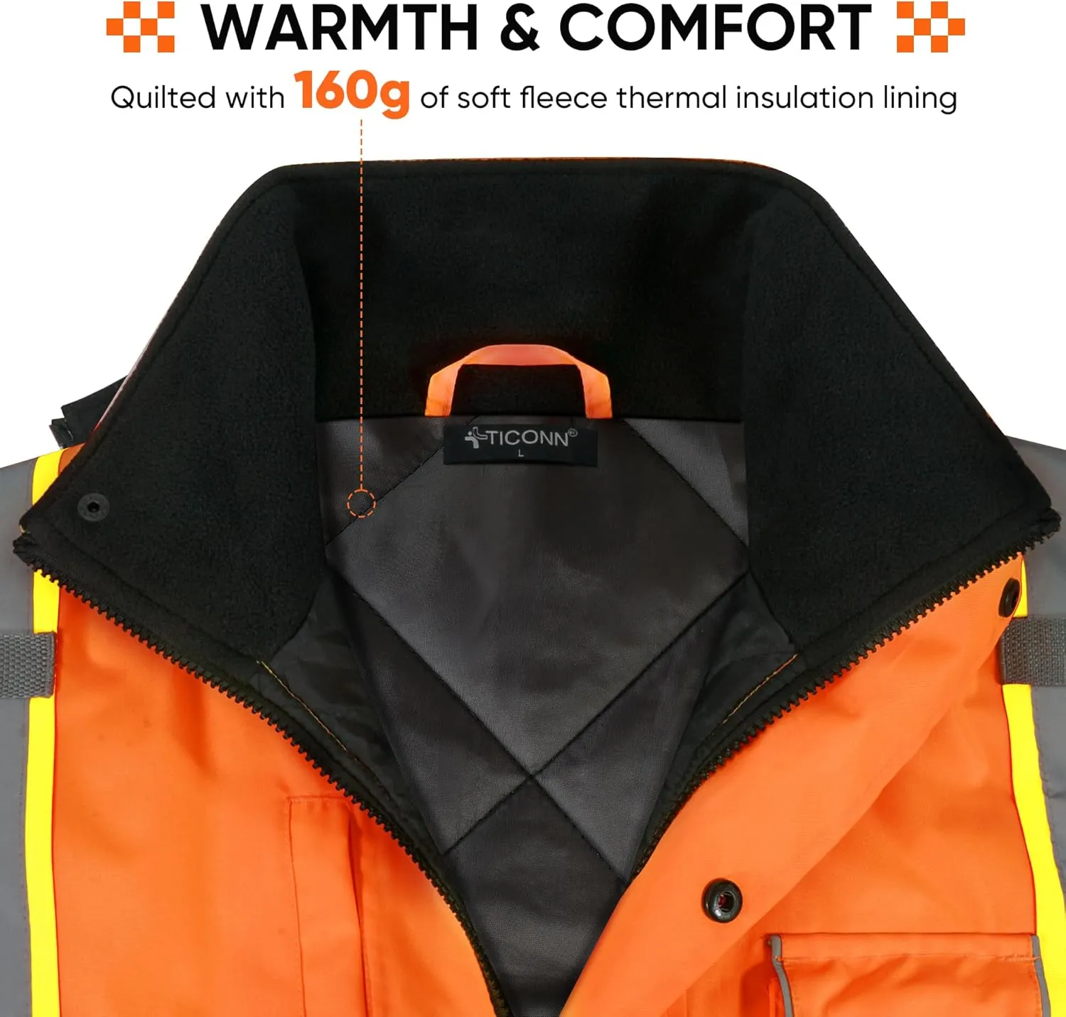 TICONN Hi Vis Rain Jacket, Waterproof Safety Bomber Jacket, Reflective ANSI Class 3 Work Rain Coat for Men Women