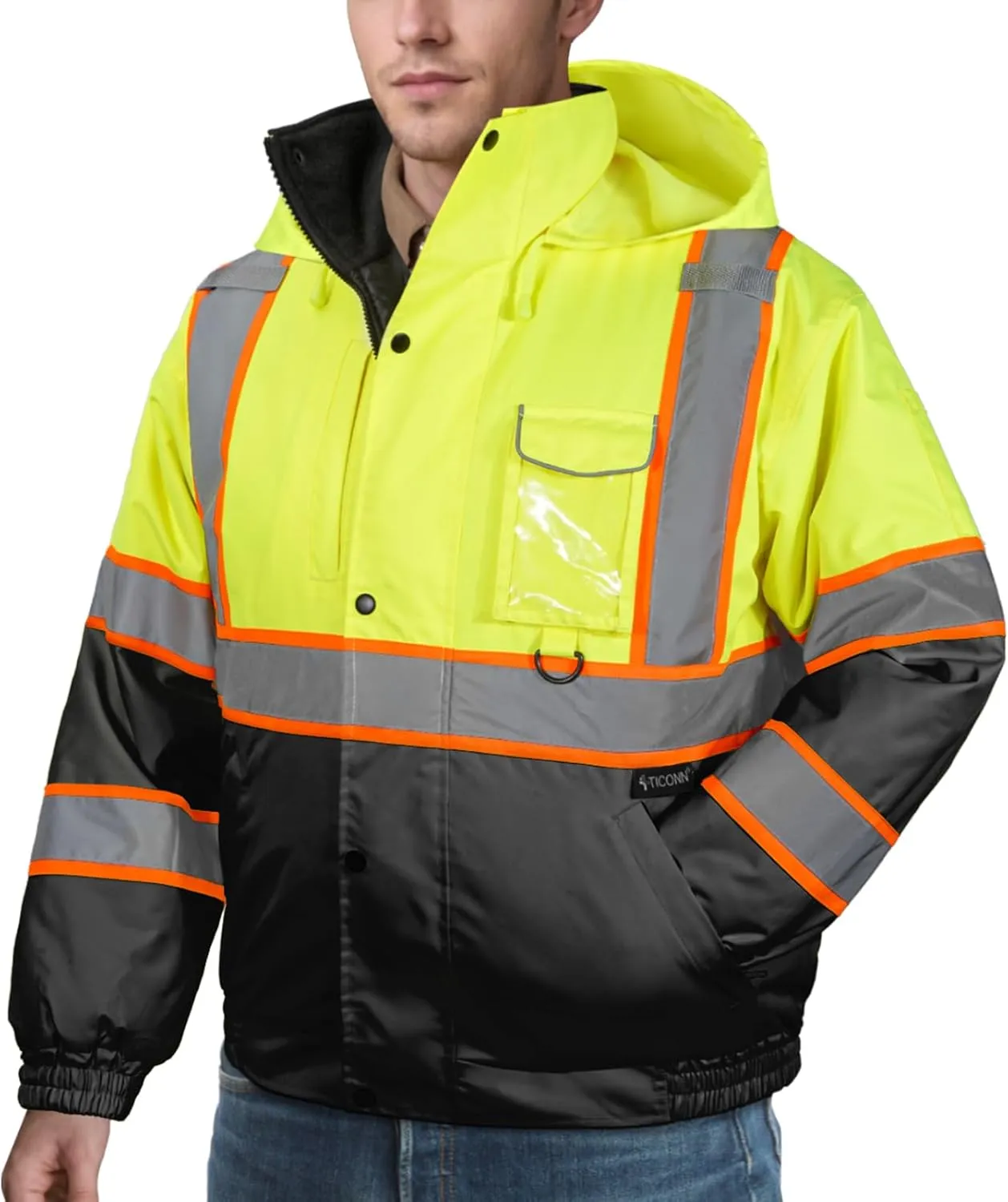 TICONN Hi Vis Rain Jacket, Waterproof Safety Bomber Jacket, Reflective ANSI Class 3 Work Rain Coat for Men Women