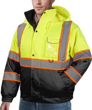TICONN Hi Vis Rain Jacket, Waterproof Safety Bomber Jacket, Reflective ANSI Class 3 Work Rain Coat for Men Women