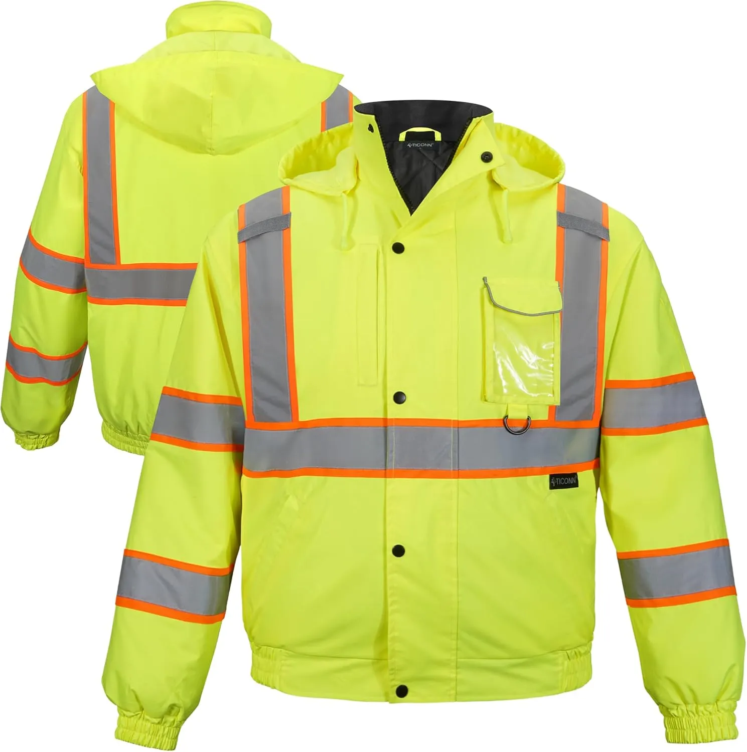 TICONN Hi Vis Rain Jacket, Waterproof Safety Bomber Jacket, Reflective ANSI Class 3 Work Rain Coat for Men Women