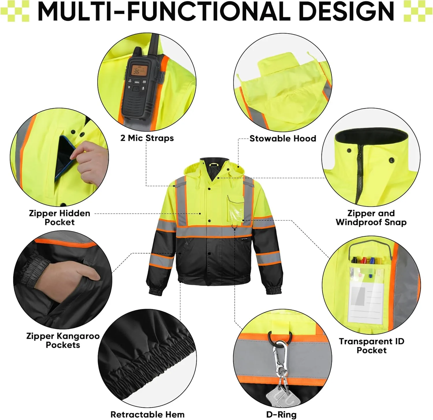 TICONN Hi Vis Rain Jacket, Waterproof Safety Bomber Jacket, Reflective ANSI Class 3 Work Rain Coat for Men Women