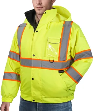 TICONN Hi Vis Rain Jacket, Waterproof Safety Bomber Jacket, Reflective ANSI Class 3 Work Rain Coat for Men Women