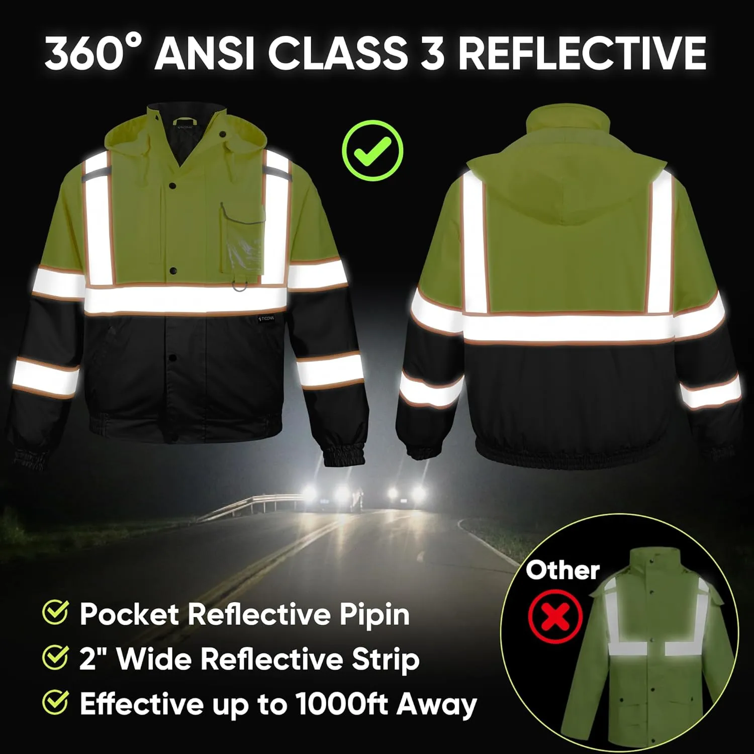 TICONN Hi Vis Rain Jacket, Waterproof Safety Bomber Jacket, Reflective ANSI Class 3 Work Rain Coat for Men Women