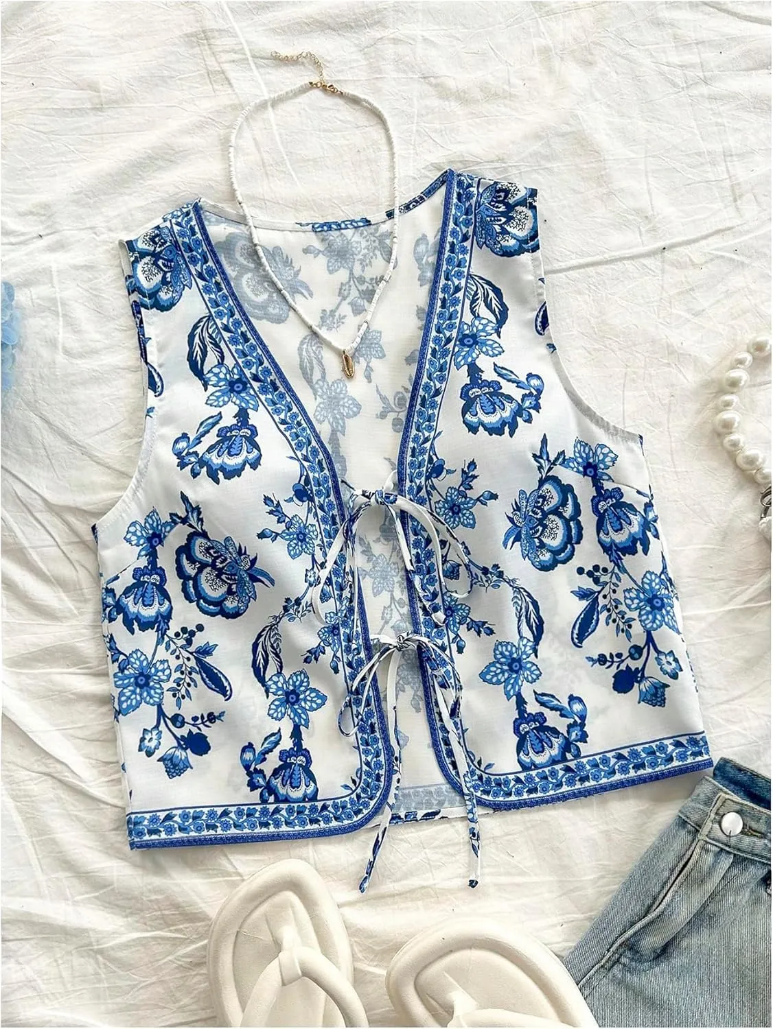 Verdusa Women's Vintage Floral Print Bow Tie Cowgirl Vest V Neck Sleeveless Jacket Outerwear