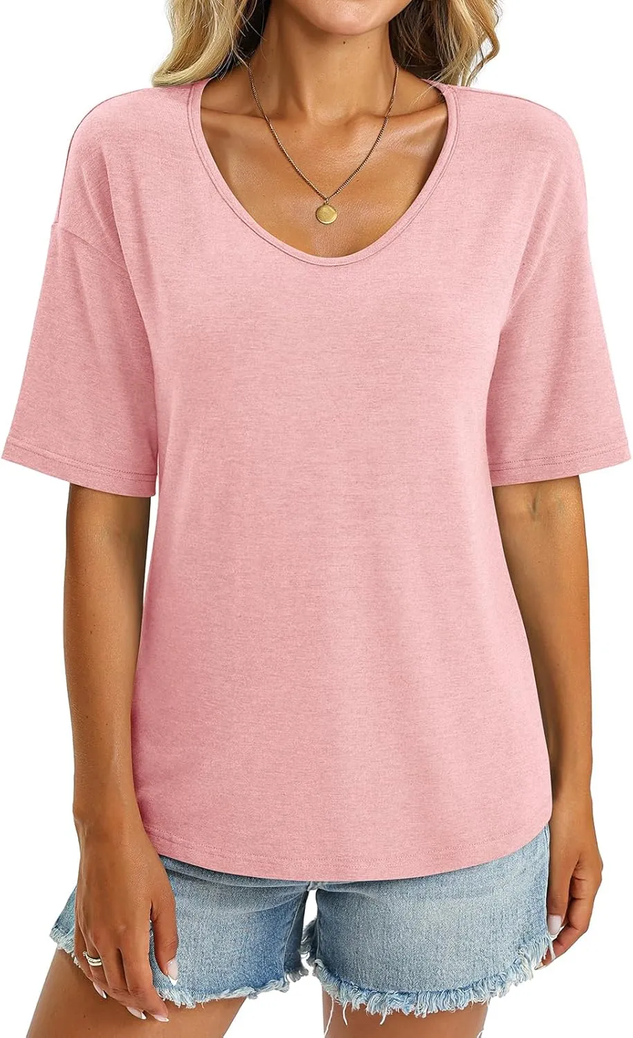 Women's V Neck Tops Elbow Length Shirts Loose Fit Summer Tops Basic Tees