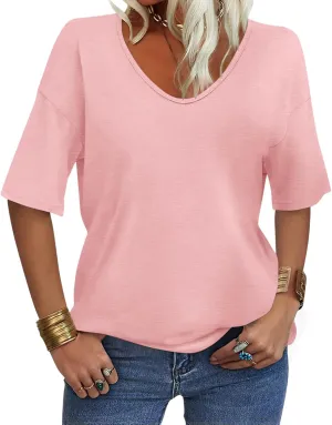 Women's V Neck Tops Elbow Length Shirts Loose Fit Summer Tops Basic Tees