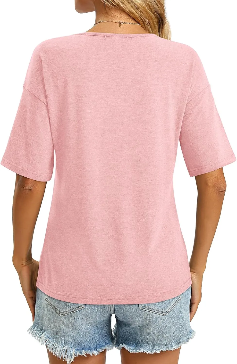 Women's V Neck Tops Elbow Length Shirts Loose Fit Summer Tops Basic Tees