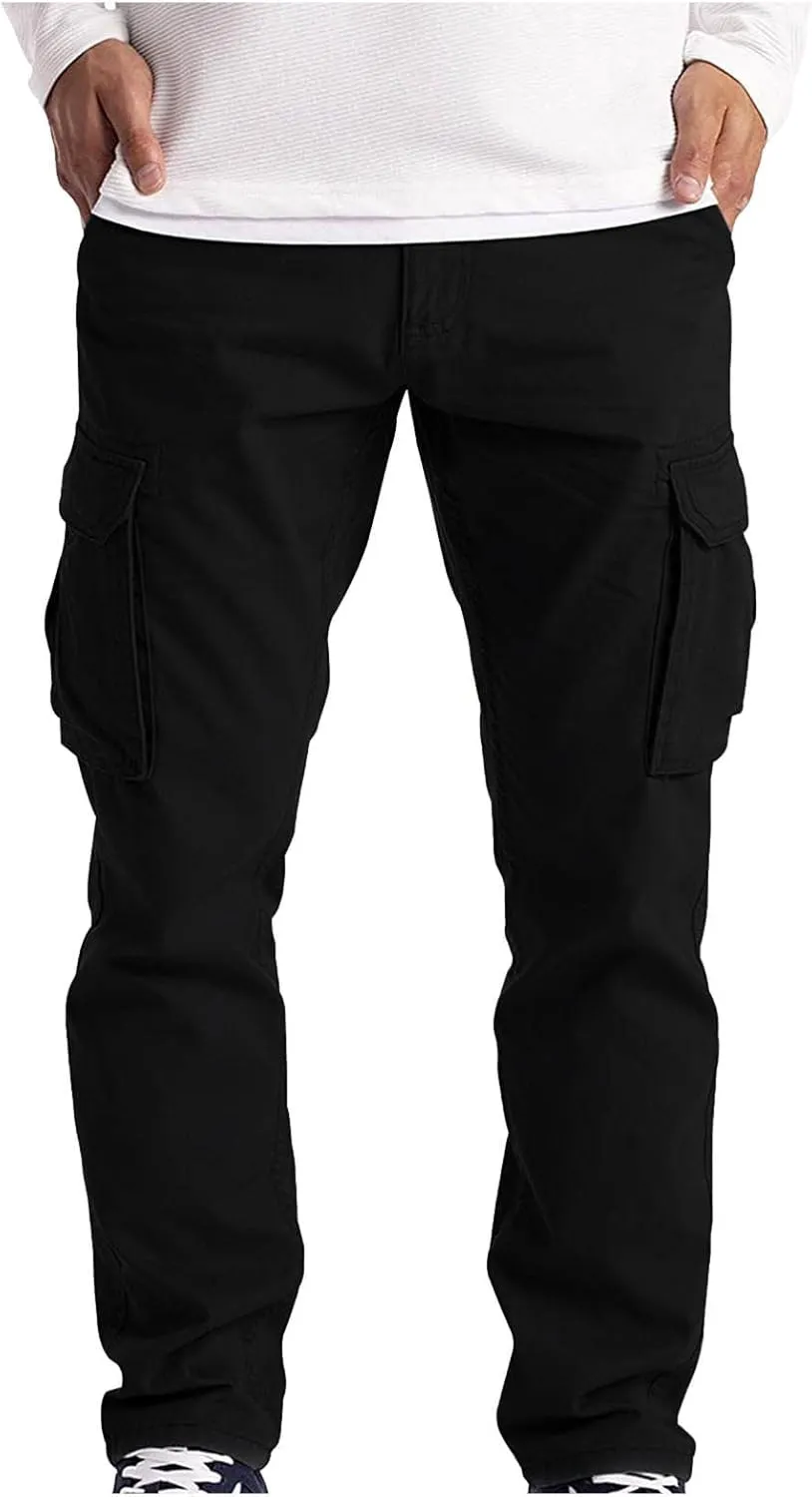 Ymosrh Mens Large Tall Pants Men's Slim Fashion Solid Color Casual Pants Multi Pocket Straight Cargo Pants Stretch